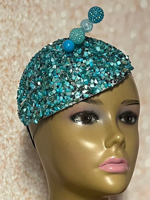 Turquoise Crystal Rhinestone Beaded Fascinator Half Hat, Church Head Covering, Headwear, Tea Parties Weddings and other special occasions