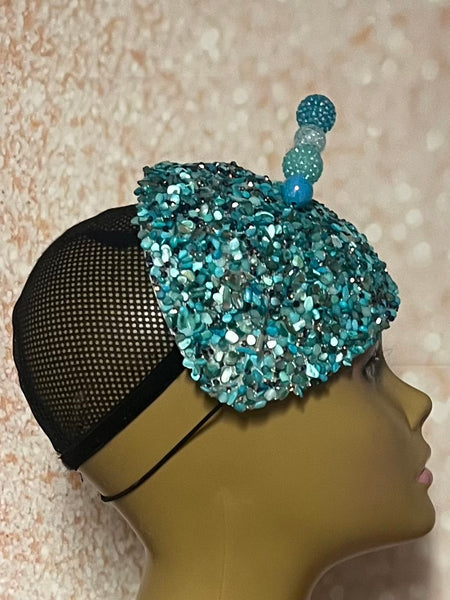 Turquoise Crystal Rhinestone Beaded Fascinator Half Hat, Church Head Covering, Headwear, Tea Parties Weddings and other special occasions