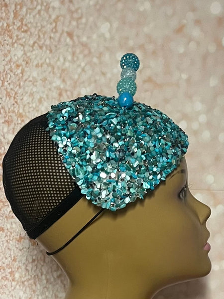 Turquoise Crystal Rhinestone Beaded Fascinator Half Hat, Church Head Covering, Headwear, Tea Parties Weddings and other special occasions