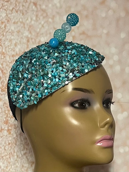 Turquoise Crystal Rhinestone Beaded Fascinator Half Hat, Church Head Covering, Headwear, Tea Parties Weddings and other special occasions