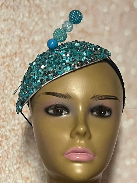 Turquoise Crystal Rhinestone Beaded Fascinator Half Hat, Church Head Covering, Headwear, Tea Parties Weddings and other special occasions