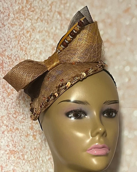 Gold Flower Fascinator Half Hat, Weddings, Church, Head Covering, Tea Parties, Special Occasions