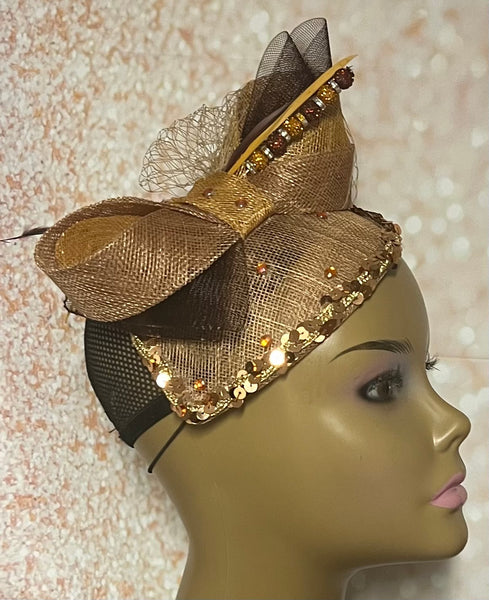 Bronze and Gold Sinamay Teardrop Fascinator half hat for church, weddings, tea parties, and special occasions.