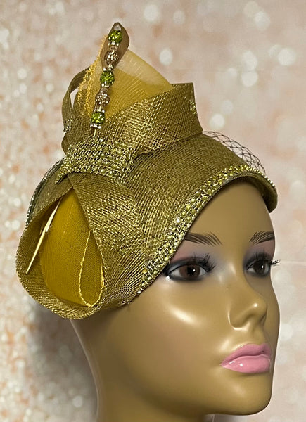 Olive Green and Gold Sinamay Half Hat