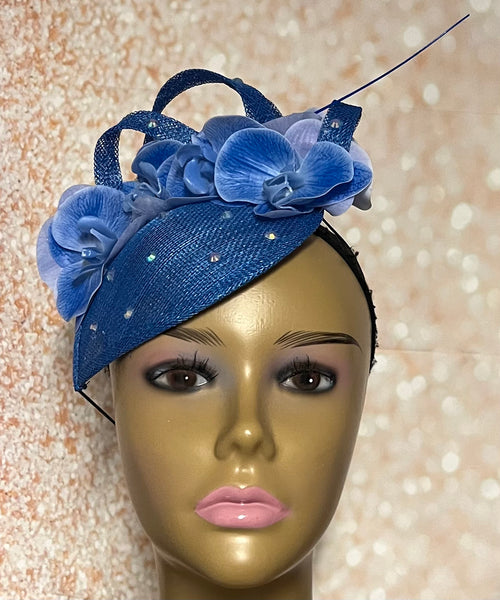Blue Sinamay Flower Teardrop Fascinator, Royal Blue Half Hat for Church head covering, Tea Party, Wedding, and other Special Occasions