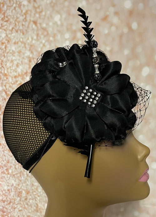Black Flower Fascinator Half Hat For Church Weddings and Tea Parties