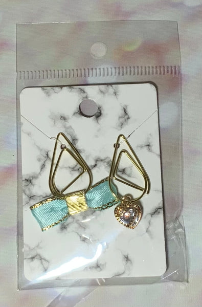 Turquoise and Gold Satin Bow and Gold Heart Paper Clip Charm