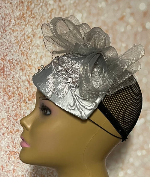 Gray/Silver Lace Trimmed Fascinator Hat
