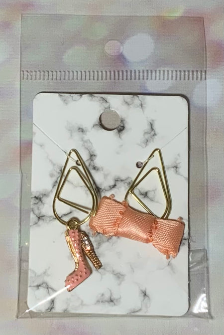 Pink and Gold Satin Bow And Heart Paper Clip Charm