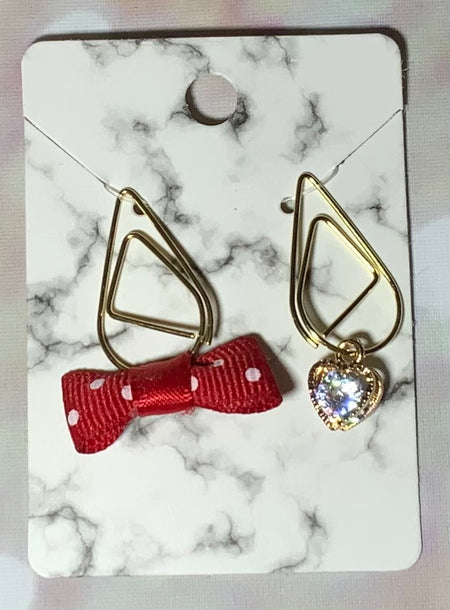 Red and White Dotted Bow and Heart Paper Clip Charm