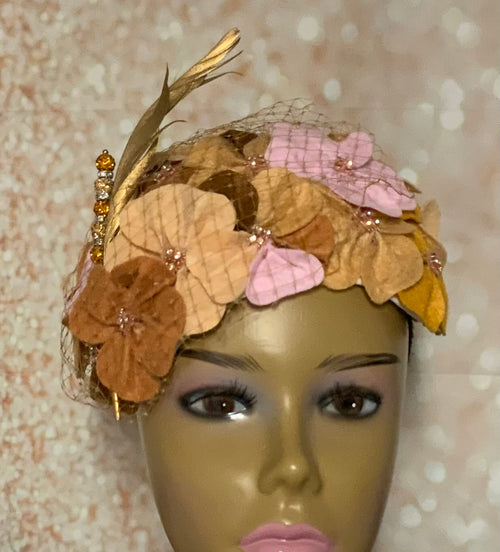 Pink and Gold Felt Flowers Fascinator Half Hat