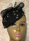 Black Sequin Lace Teardrop Fascinator Half Hat