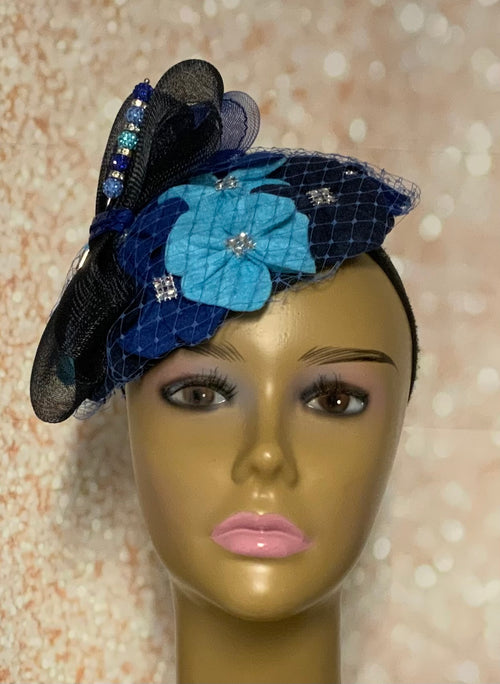 Blue Felt Flower Half Hat
