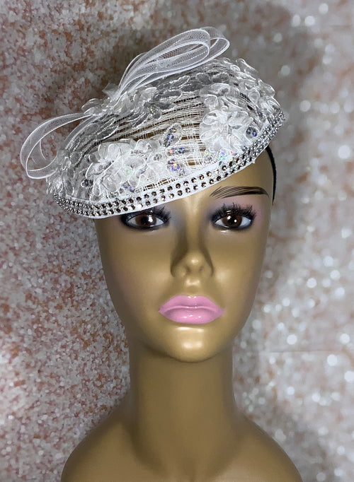 White Beaded Flower Lace Fascinator Hat