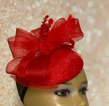 Red Beaded Sinamay Teardrop Fascinator Half Hat, Weddings, Church, Tea Parties, and other Special Occasions