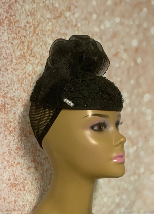 Black Beaded Lace Draped Hat