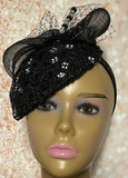 Black Sequin Lace Teardrop Fascinator Half Hat