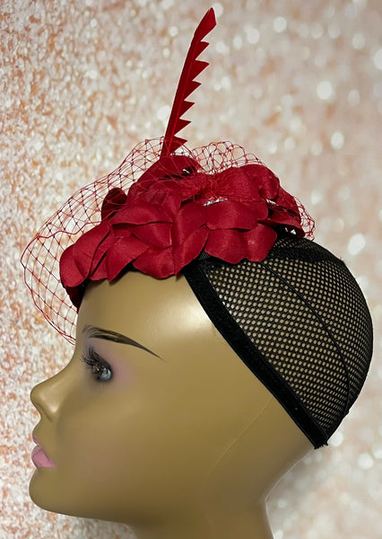 Red Flower Fascinator Half Hat For Church Weddings and Tea Parties
