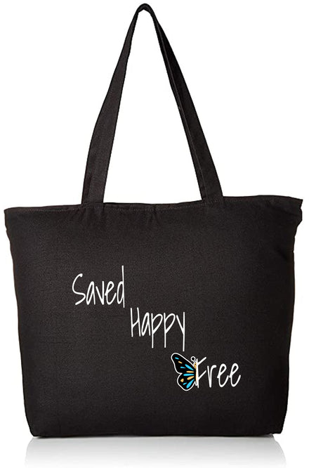 Saved Happy and Free Black Canvas Tote Bag