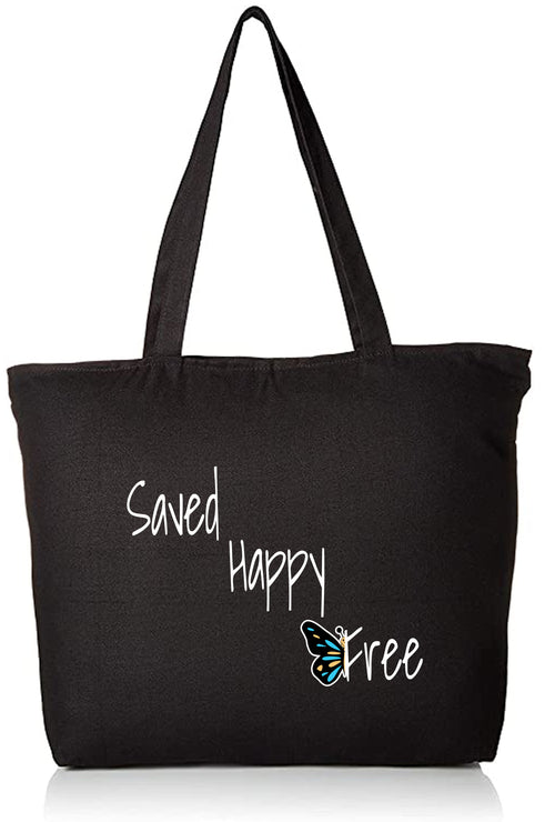 Saved Happy and Free Inspirational Zipper Black Tote